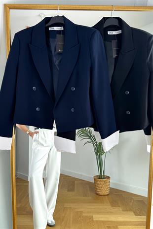 ZR Lacivert Kol Detaylı Çift Düğmeli Blazer 