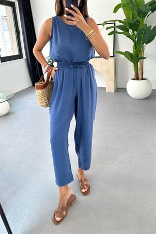 Mona İndigo Beli Bağlamalı Bluz Pantolon Takım