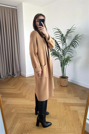 Goxeto Camel Şal Yaka Cepli Çelik Triko Hırka