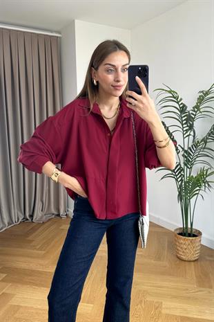 Zumta Bordo Gizli Düğme Detaylı Gömlek