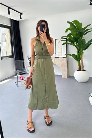 Loves Haki Halter Yaka Gabardin Elbise