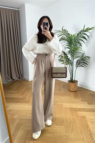Loly Bej Beli Lastikli Palazzo Pantolon