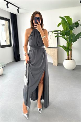 Shela Füme Halter Yaka Yırtmaç Detaylı Elbise
