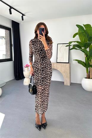 Fiste Leopar Desenli İç Astarlı Elbise