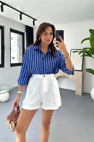 Blura Lacivert Beyaz Çizgili Dökümlü Gömlek