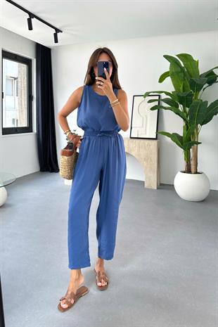 Mona İndigo Beli Bağlamalı Bluz Pantolon Takım