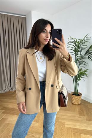 ZR Camel Düğme Detaylı Vatkalı Blazer