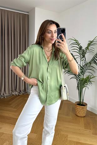 Orwell Yağ Yeşili Saten Gömlek