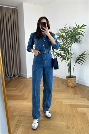 Koyu Lacivert Paça Detaylı Denim Tulum