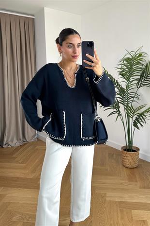 Olizy Lacivert V Yaka Üst Dikişli Triko