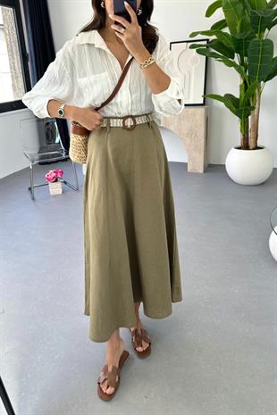 Lole Kemerli Olive Keten Maxi Etek