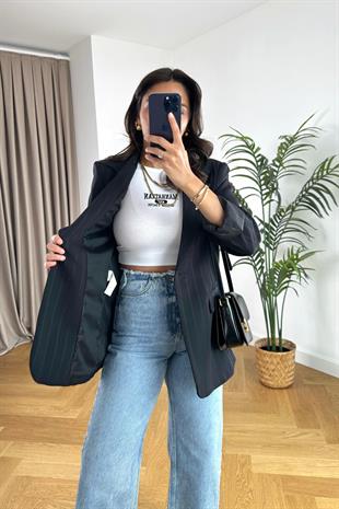 ZR Siyah Kendinden Çizgili Blazer Ceket