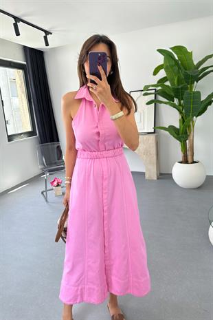 Loves Pembe Halter Yaka Gabardin Elbise