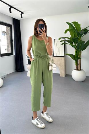 Mona Çağla Yeşili Beli Bağlamalı Bluz Pantolon Takım