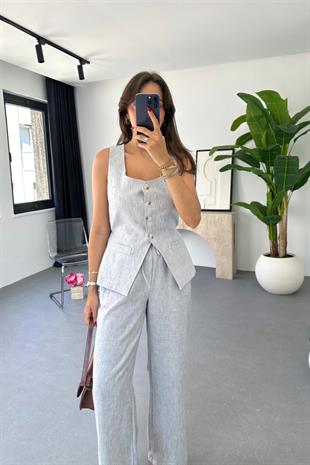 Lariss Açık Gri Beli Bağlamalı Yelek Pantolon Takım