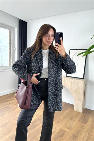 Pasole Siyah Leopar Detaylı Blazer Ceket