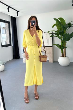 Yella Sarı Düğme Detaylı Elbise