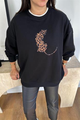 Mano Siyah Leopar Figürlü Sweatshirt