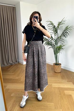 Leopar Desenli Denim Etek