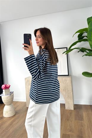 Cesina Lacivert Beyaz Çizgili Bisiklet Yaka Sweatshirt