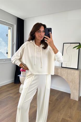 Mersale Kırık Beyaz Beli Bağlamalı Modal Sweat Pantolon Takım