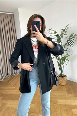 Olessa ZR Siyah Çift Düğme Detaylı Premium Blazer