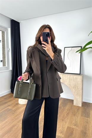 Fasone Acı Kahve Şal Detaylı Blazer Ceket
