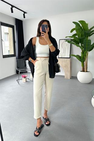 Taş Beli Bağlamalı Keten Pantolon