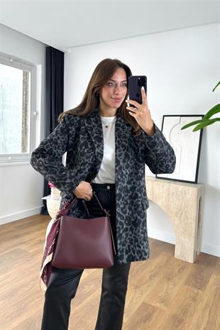Pasole Siyah Leopar Detaylı Blazer Ceket