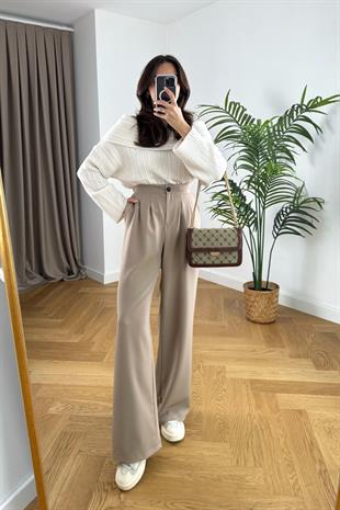 Loly Bej Beli Lastikli Palazzo Pantolon