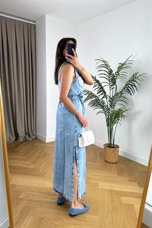 ZR Mavi Yıkamalı Denim Kuşaklı Elbise