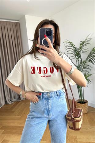 Krem Vogue Baskılı Tişört