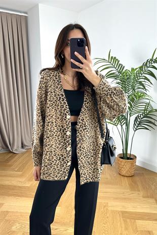 Kahve Rengi Leopar Desenli Hırka
