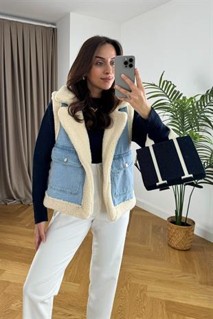 Kürk Astar Detaylı Denim Yelek