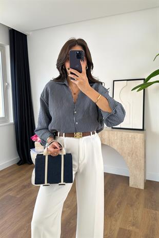 Drones Lacivert Beyaz Çizgili Gömlek