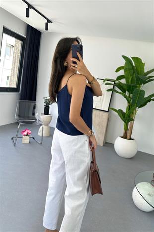 Cerla Lacivert Keten Bluz