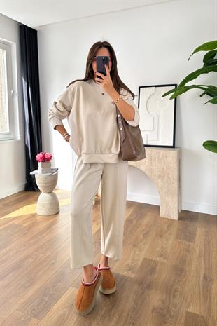 Sevsan Bej Garnili Modal Sweatshirt Pantolon Takım