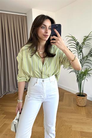 Sendy Yağ Yeşili Çizgili Gömlek