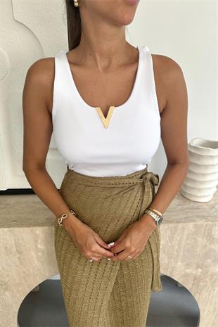 Store Beyaz Yaka Detaylı Sıfır Kol Bluz