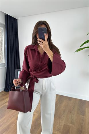 Leysa Bordo Geniş Kol Detaylı Bağlamalı Gömlek