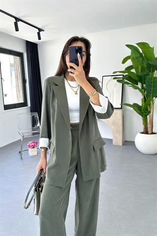 Dosy Haki Blazer Ceket Palazzo Pantolon Takım