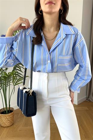 Mavi Beyaz Çizgili Cep Detaylı Gömlek