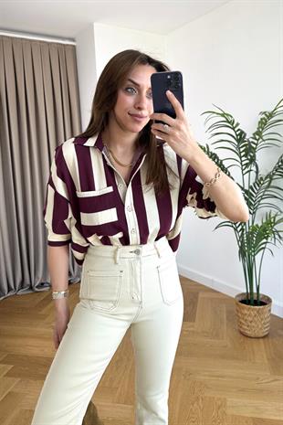 Zr Bordo Ekru Çizgili Gömlek