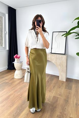 Shely Olive Beli Lastikli Maxi Boy Saten Etek