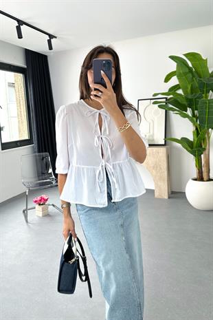 Lonte Beyaz Bağlama Detaylı Bluz