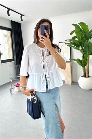 Lonte Beyaz Bağlama Detaylı Bluz