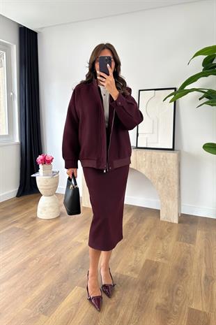 Loresa Bordo Kaşe Bomber Ceket-Etek Takım