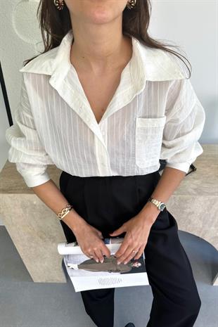 Rio Beyaz Kendinden Çizgili Gömlek