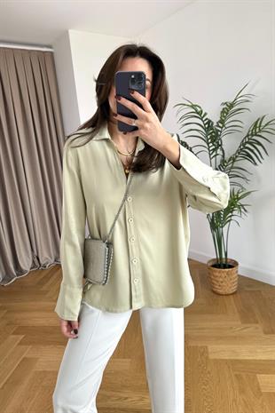 Cudy Mint Yeşili V Yaka Saten Gömlek 