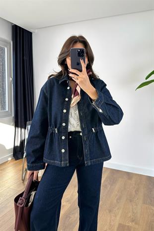 Bosla Dark Blue Bel Detaylı Denim Gömlek